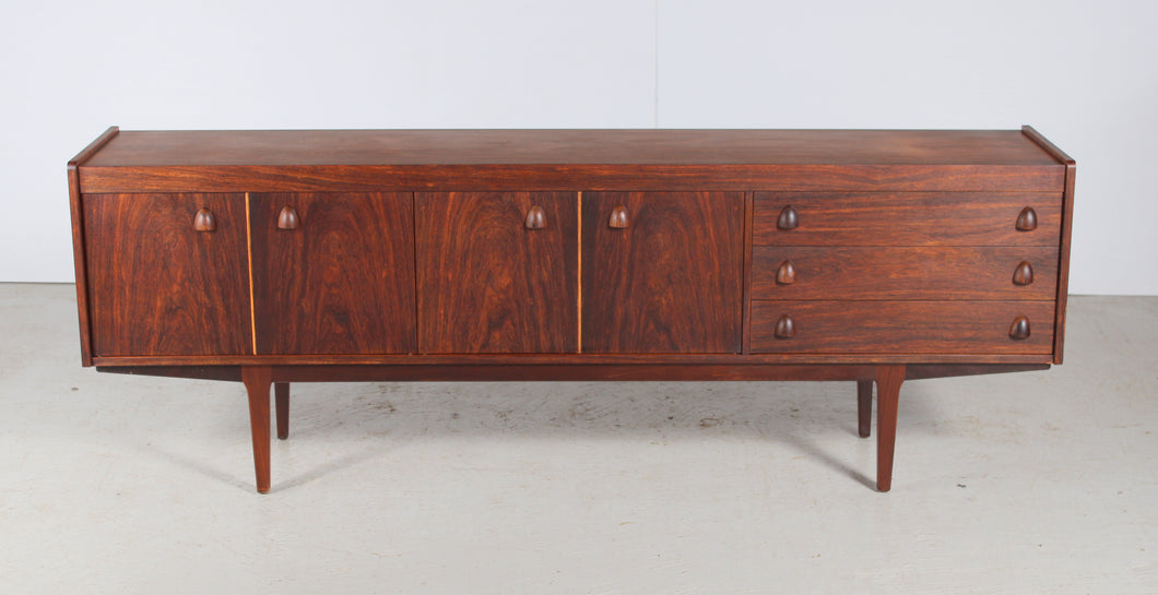 Mid Century Long Rosewood Sideboard with Carved Handles, circa 1960s.