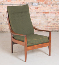 Load image into Gallery viewer, Mid Century Cintique Afrormosia Armchair with Original Green Fabric Upholstery.
