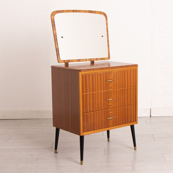 Midcentury Mahogany and Zebrano Vanity Chest of Drawers with Mirror c1960s