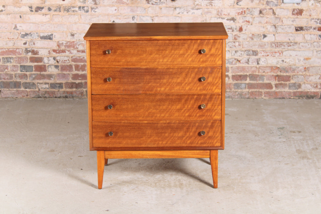 Mid Century walnut chest of 4 drawers with brass handles by Alfred Cox, circa 1950s.
