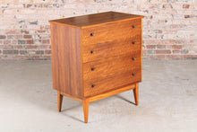Load image into Gallery viewer, Mid Century walnut chest of 4 drawers with brass handles by Alfred Cox, circa 1950s.

