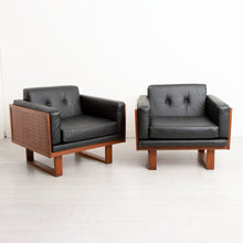 Load image into Gallery viewer, Danish Pair of Midcentury Teak &amp; Black Leather Armchairs by Poul Cadovius for France &amp; Son c.1960
