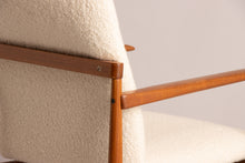 Load image into Gallery viewer, Pair of Midcentury Teak Armchairs newly reupholstered in 100% Wool Boucle Fabric c.1960s
